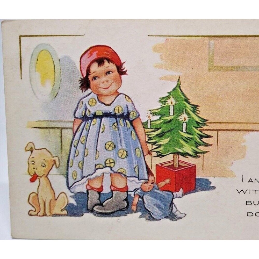 Christmas Postcard Whitney Child With Puppy Dog Tongue Out Comical Cute Embossed
